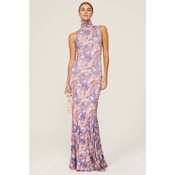 CAROLINE CONSTAS Blue Floral Mock Neck Sleeveless Trumpet Brigitta Gown Size M - Picture 2 of 15